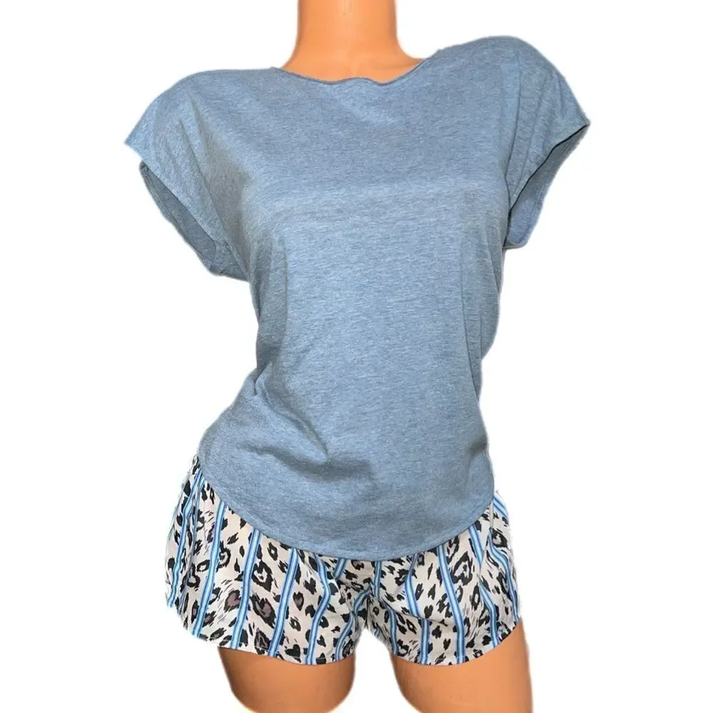 Victorias Secret Soft cotton top & animal print shorts pajama Set blue XSmall